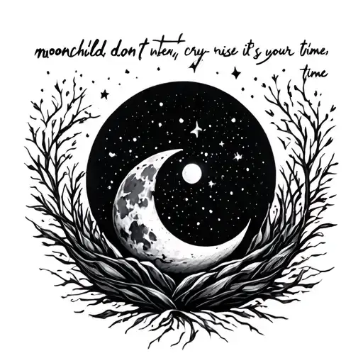 Give me tattoo designs with doodles for the lyrics “moonchild don’t cry, when moon rise it’s your time” tattoo design idea