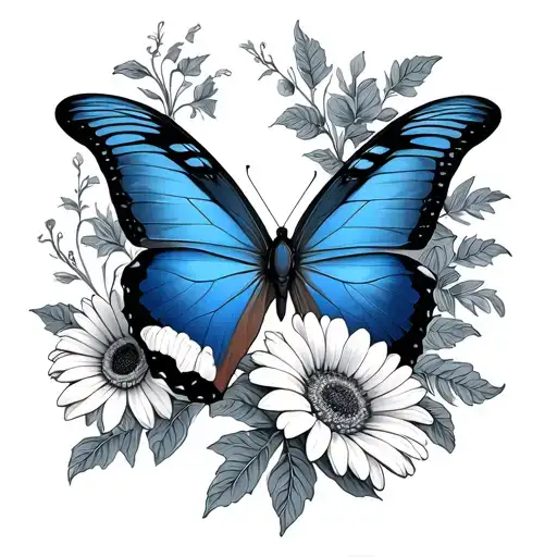 blue morpho butterfly, gerberas, vines tattoo design idea