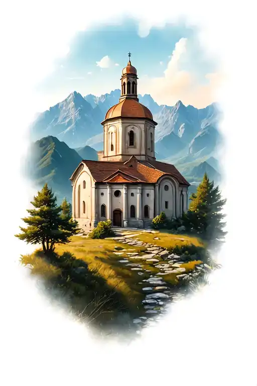 sapanta peri monastery from romania with romanian mountains in background tattoo design idea