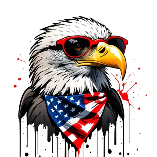 Bald Eagle wearing an American Flag bandana and red framed sunglasses with dark lenses. tattoo design idea