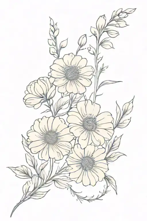 a fine line spine tattoo with carnations, daises and chrysanthemums tattoo design idea