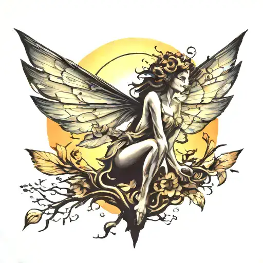 A winged fairy in the foreground, a large sun silhouette in the background, awaits the future with hope. tattoo design idea