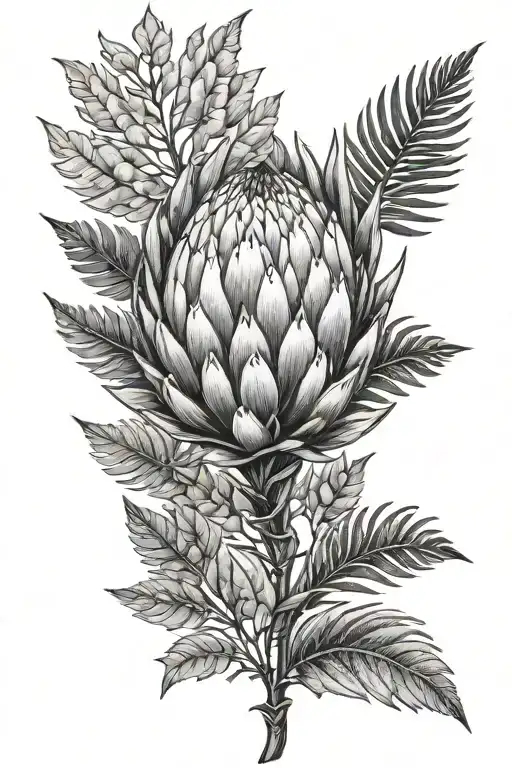 protea with silver fern leaf tattoo design idea