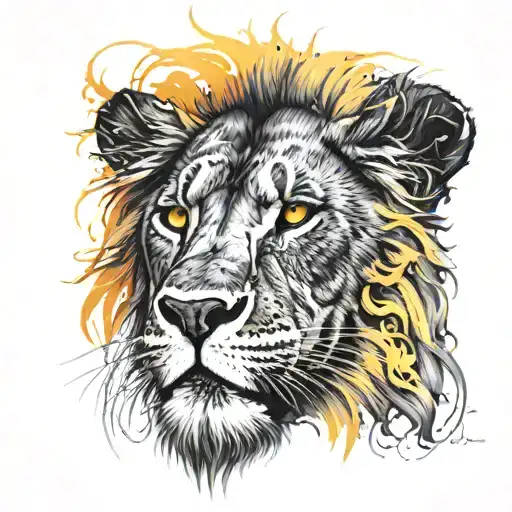 can you make a very filled black lion facing froward with a cross on its eye and yellow red and orange firey eyes  tattoo design idea