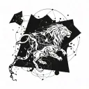 A cosmic Leo constellation merging with a Gemini constellation in a dynamic and abstract design tattoo design idea