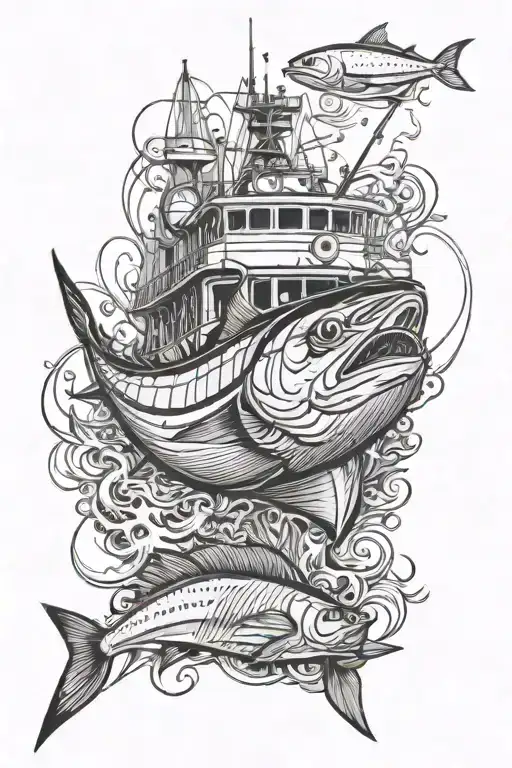 tuna charter boat cruising along tattoo design idea