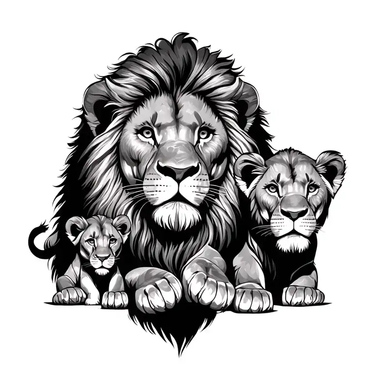 Lion King w/ lioness queen and 2 lion cubs surrounded tattoo design idea