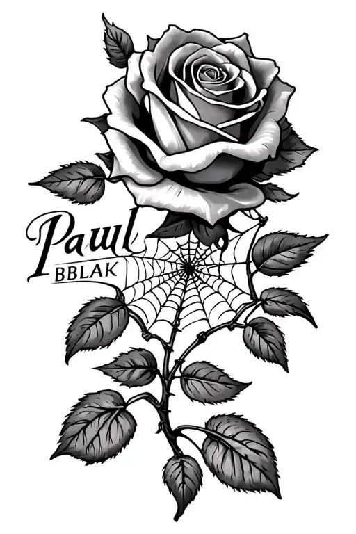 rose tattoo with spider webs and the name Paul tattoo design idea