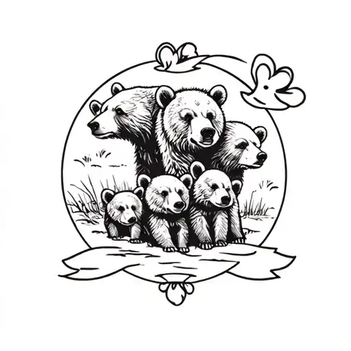 family of bears, a mother and two cubs, only the faces, enclosed in a circle all together tattoo design idea