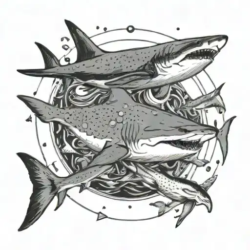 hammer head shark and whale shark swimming in a circle  tattoo design idea