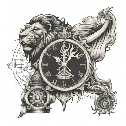 lion head, fire hose, world map, antique clock, firefighter tattoo design idea