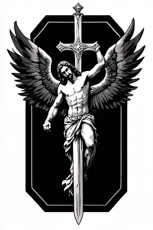 jesus on a sword cross, with black wings and flying no background tattoo design idea