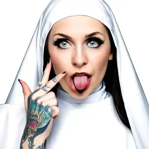 a chick dressed as nun with her toungue out and 1 finger on the tongue, with hand full of tattos , looking straight tattoo design idea