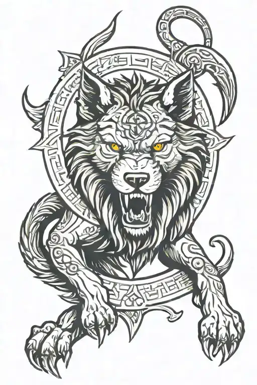 fenrir with gemini zodiac and runes tattoo design idea