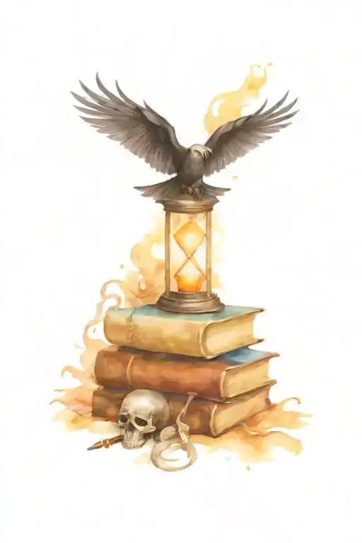 Stack of books with raven, skull, hourglass, flying dragon, candle  tattoo design idea