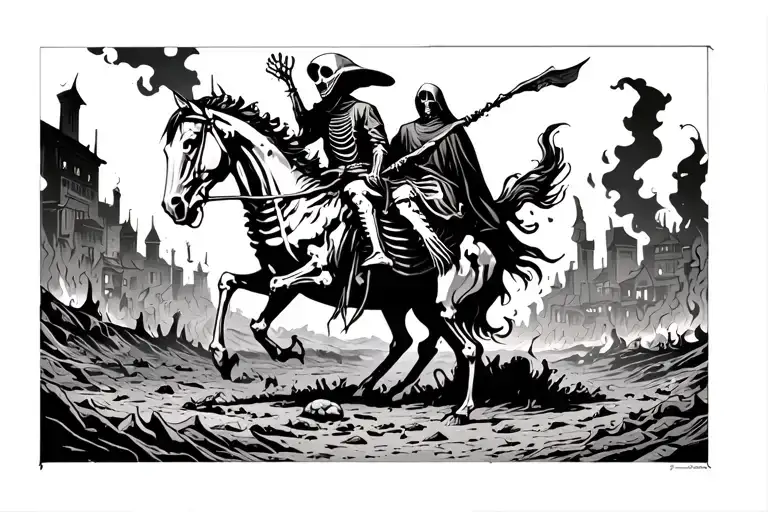burning apocalypse ground town landscape with grim reaper on horse skeleton in background  tattoo design idea