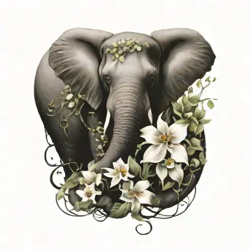 elephant wrapped in flower vine winding tattoo design idea