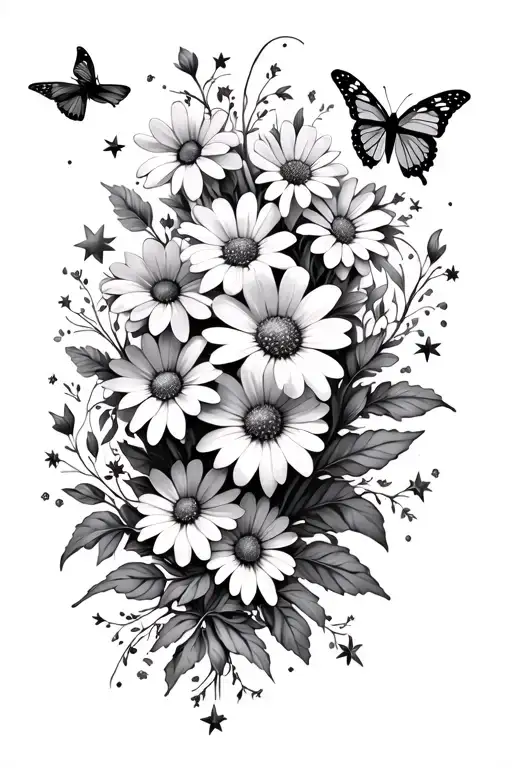 floral/daises stars and butterfly spinal tattoo long and skinny multiply tiny flowers simple  tattoo design idea
