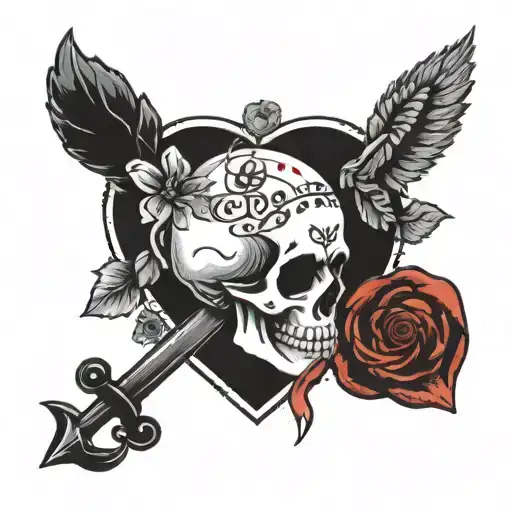 love is pain heart and skull wearing tattoo design idea
