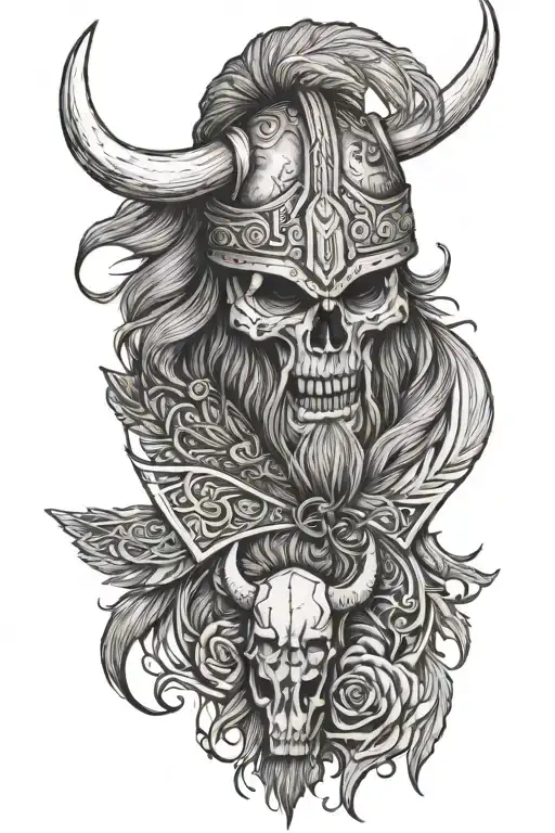 viking with bear skull soft shading more line work tattoo design idea