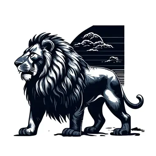 An engineer's blueprint of a lion with a Florida sunset background tattoo design idea