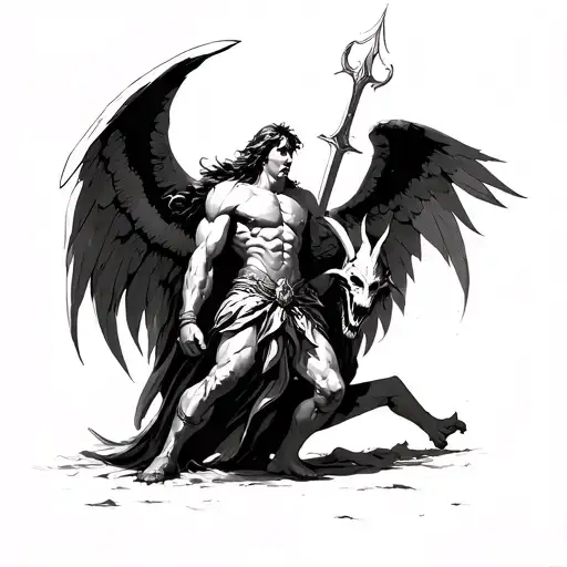 Michael the archangel slaying a demon. I want the tattoo to be graphic and Michael to look jacked like a warrior tattoo design idea