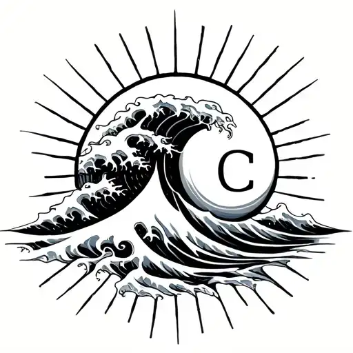 cc with wave and sun rays tattoo design idea