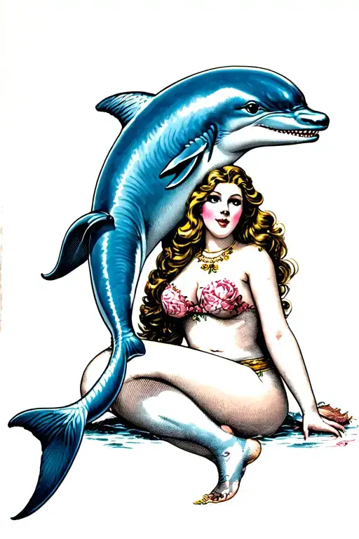 horny dolphin and a woman sitting tattoo design idea