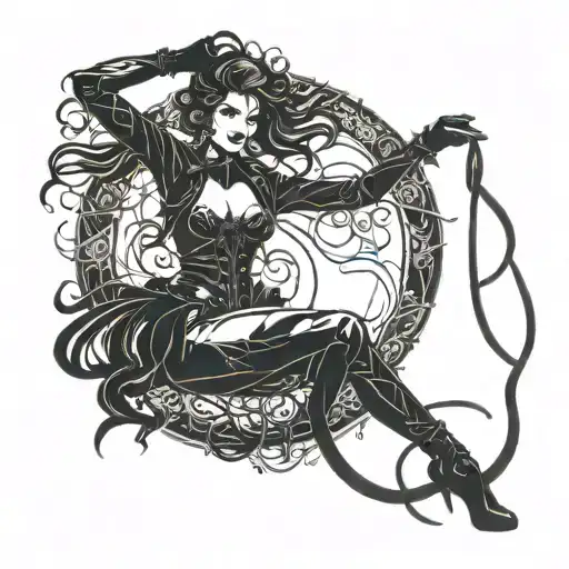 Incorporate a silhouette of Mistress Rachelanne in a dominant pose with a whip in hand tattoo design idea