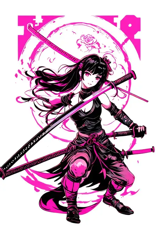 black & pink anime girl playing with katanas tattoo design idea