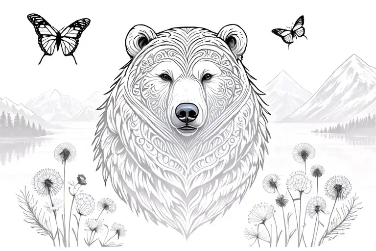 tribal inside bear surrounded by dandelions monarch butterflies hawk feathers.background has mountains lake and pinetree tattoo design idea