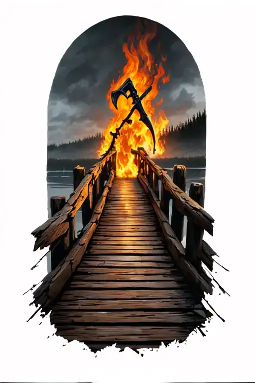 old worn down wooden bridge with a reaper far away nearly out of sight broken planks and fire tattoo design idea
