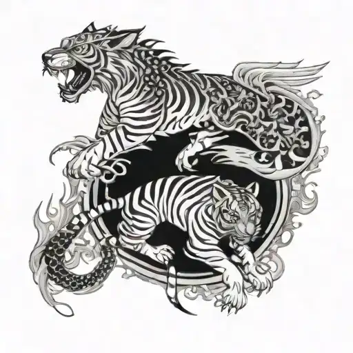 tiger and dragon chasing each other wing tattoo design idea