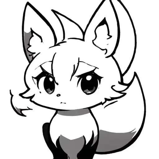 anime nine tail fox, clean black outline only, big eyes and curled tail, 1-inch tatto tattoo design idea