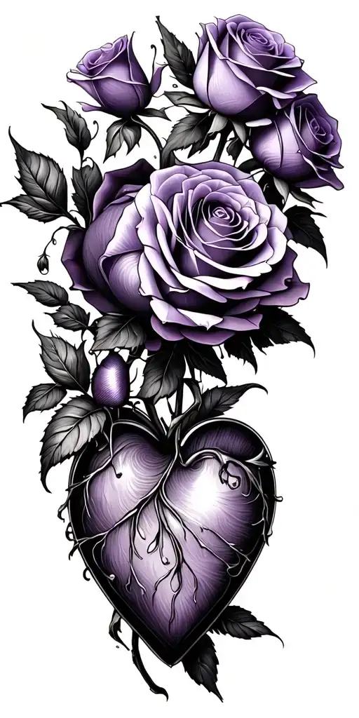 30 Purple Roses wrapped tightly holding onto a heart tattoo design idea
