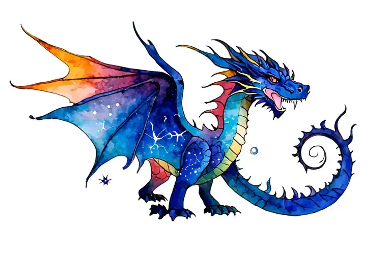 Dragon without steering wheel with wing with fish constellations tattoo design idea