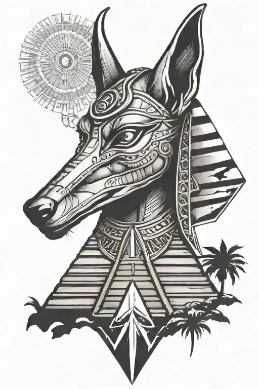 arm tattoo of Anubis on top of Egyptian pyramids with the eye of ra in the pyramid tattoo design idea