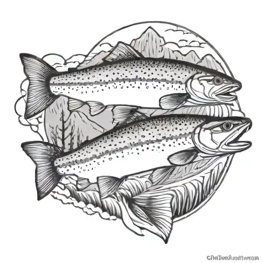 rainbow trout with river and mountains tattoo design idea