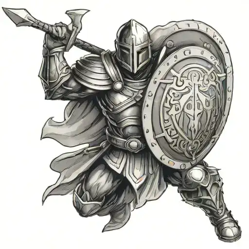 Picture a serene, composed warrior holding a shield close to the body, angled slightly toward the viewer. The shield cou tattoo design idea