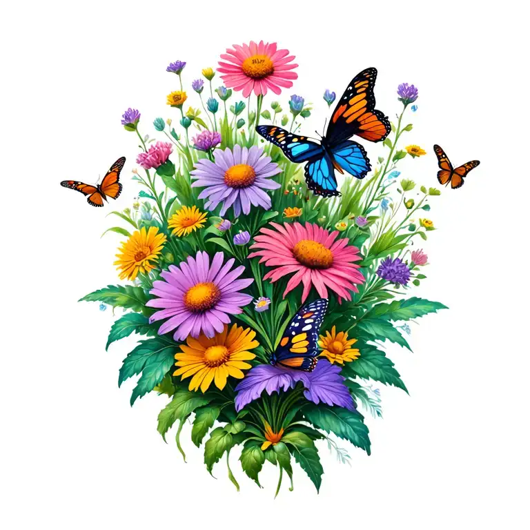 a lush, vibrant ecosystem of native wildflowers and butterflies found in the Appalachian regions of TN and Georgia tattoo design idea