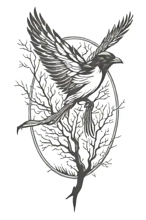 magpie burning forest tattoo design idea