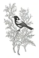 magpie burning forest tattoo design idea