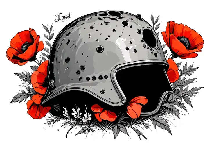 "Lest We Forget" Damaged helmet surrounded by poppies blooming tattoo design idea