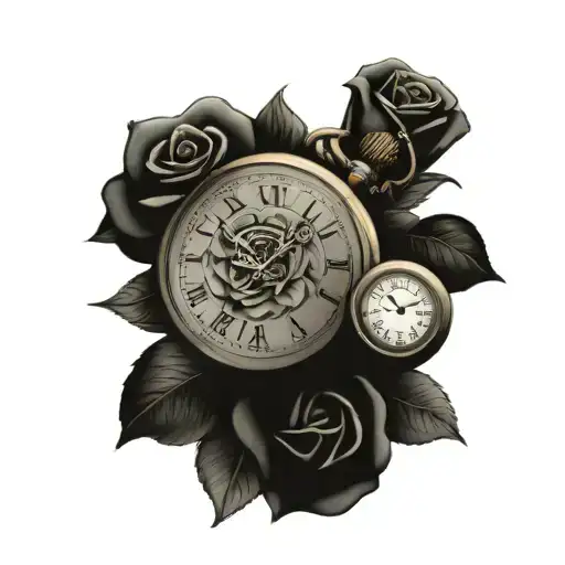 Golden pocketwatch half open with roses surrounding it and with a text "times like these" tattoo design idea