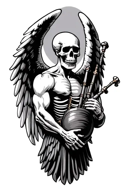 winged muscular skeleton playing bagpipes tattoo design idea