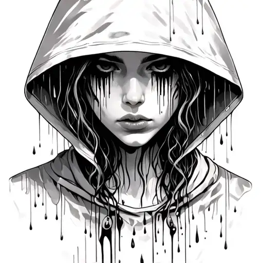 showing a hooded, melancholic woman with rain streaks on her face, symbolizing sorrow.includes handwritten script splatt tattoo design idea