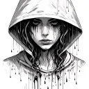 showing a hooded, melancholic woman with rain streaks on her face, symbolizing sorrow.includes handwritten script splatt tattoo design idea