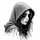 showing a hooded, melancholic woman with rain streaks on her face, symbolizing sorrow.includes handwritten script splatt tattoo design idea