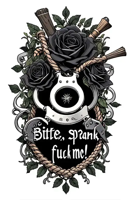 "Bite me, Spank me, fuck me! " handcuffs, spanking-paddle,  flogger, riding crop, bullwhip black roses tattoo design idea