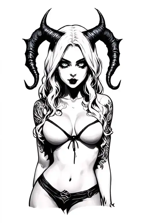 Sexy Pale Girl, Petite, Big Boobs, Wide Hips, G-string, Demonic Horns, Sexual... hood, white eyes, dark hair, vampire tattoo design idea